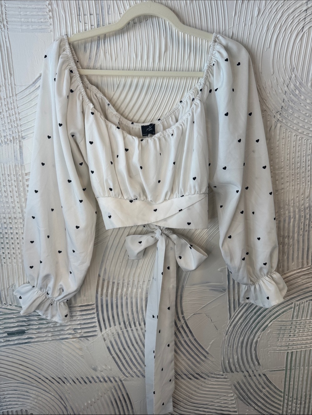 White Heart-Print Tie-Front Peasant Blouse N0493